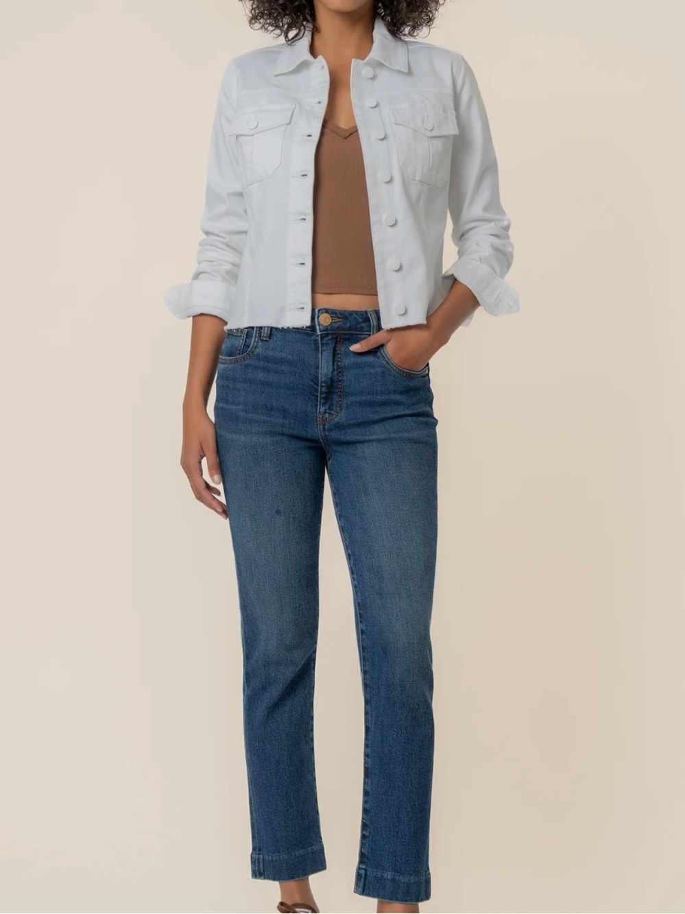 Kut from the Kloth Kara Distressed White Denim Jacket with Button Front